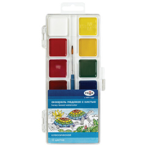 Краски акварельные ГАММА /Классическая/, 12 цветов, медовая, c кистью, пластиковая коробка, европодв