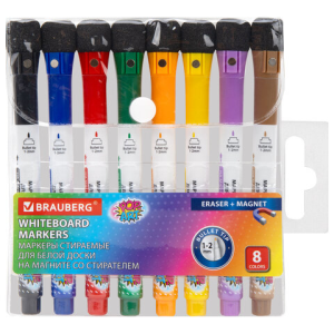 Маркеры на магните со стирателем для белой доски и планера, 8 цветов, BRAUBERG POP-ART, 1-2 мм, 1525