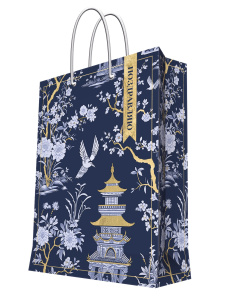 Бумажный пакет для сувенирной продукции с ламинацией, с шириной основания 26 cм, плотность бумаги 14