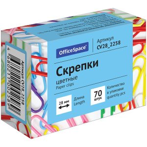 Скрепки 28мм, OfficeSpace, 70шт., цветные, карт. упак. CV28_2258 (10702070/130125/5013325/4, Китайск