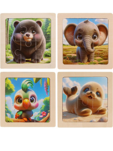 Деревянная игрушка. Пазл-рамка /Милые животные-4/ (10x10 см, 4 шт. в наборе) (арт.ИД-0208)