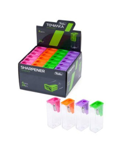 Точилка Hatber Пластиковая Цветная с контейнером CLASSIC Ассорти 4 цв. 24шт в картонном пенале   (бе
