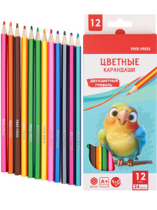 Карандаши цв. с двухцвет. грифелем, набор 12 цв., ПОПУГАЙЧИК (КЦ-4386) гекс., d=3мм, в к/к,кратно 12