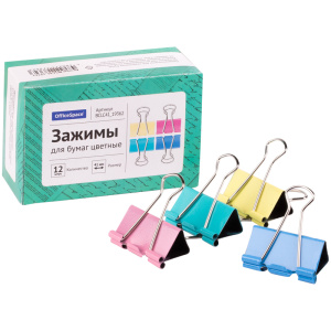 Зажимы для бумаг 41мм, OfficeSpace, 12шт., цветные, картонная коробка BCLC41_19362