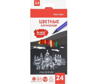 Карандаши цв, набор МАДРИД черный пластик, гекс.24цв. (КЦ-1525)гриф.d=2,8 мм,в к/к, кратно 6