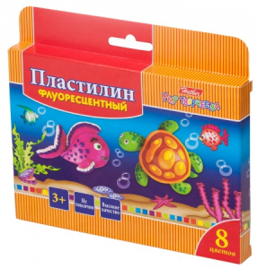 Пластилин Восковой флуоресцентный 8 цв. 120г Hatber со стеком-Морская семейка-   в карт.короб. с евр