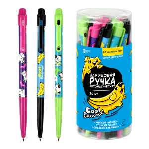 Ручка шариковая арт. 53496 / 30 КОТ, СОБАКА, БАНАН (ПВХ тубус, 30 шт., ассорти, автоматическая, меха