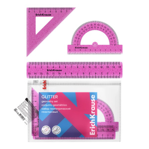 Набор геометрический малый пластиковый ErichKrause Glitter, (линейка, угольник, транспортир), розовы