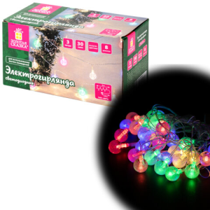 Электрогирлянда-нить комнатная /Bubble ball/, 3 м, 30 LED, мультицветная, 220 V, контроллер, ЗОЛОТАЯ