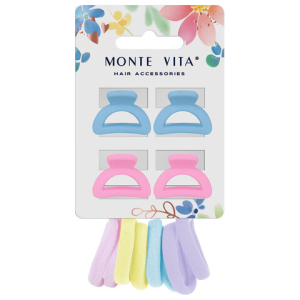 Набор для волос 12 шт: 8 резинок + 4 краба, пастельные цвета, MONTE VITA, 457034