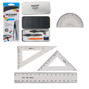 Готовальня, 9 предметов (2 циркуля металлических, угольник 60х30х90, угольник 45х45х90, линейка 15см