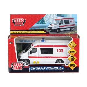 Машина металл свет-звук СКОРАЯ ПОМОЩЬ 14,5см, двери, багаж, инерц, бел, кор. Технопарк в кор.2*36шт