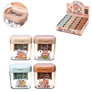 Точилка пластиковая КАПИБАРА, 2 отверстия для заточки, 4 дизайна, с контейнером для стружки, картонн