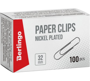 Скрепки 32мм, Berlingo, 100шт., никелированные, карт. упак. BK2512 (10702070/120525/5158267/4, Китай