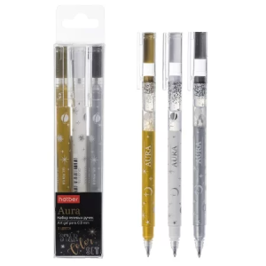 Набор Hatber гелевых ручек Aura/Аура 0,8мм 3 шт. (золото, серебро, белая) в инд.упак.с европодвесом