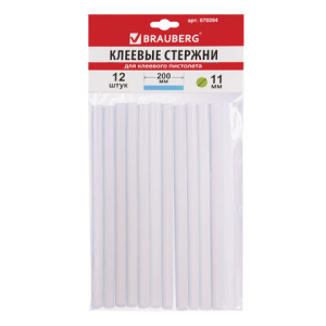 Клеевые стержни, диаметр 11мм, длина 200мм, прозрачные, КОМПЛЕКТ 12 шт, BRAUBERG, европодвес, 670294