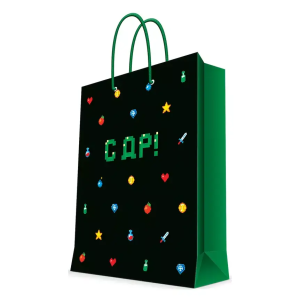 Бумажный пакет для сувенирной продукции с ламинацией, с шириной основания 26 cм, плотность бумаги 14