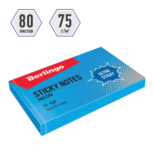 Самоклеящийся блок Berlingo /Ultra Sticky/, 50*75мм, 80л, синий неон LSn_39412