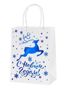 Пакет из крафт бумаги /Олень/ с тиснением голубого цвета для сувенирной продукции, с основанием 17,8