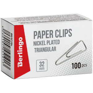 Скрепки 32мм, Berlingo, 100шт., никелированные треугольные, с отогнутым носиком, карт. упак. BK3210n