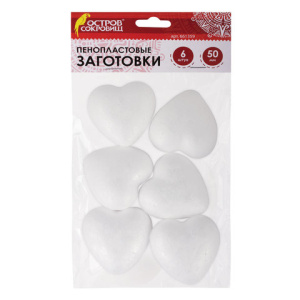 Пенопластовые заготовки для творчества /Сердечки/, 6 шт., 50 мм, ОСТРОВ СОКРОВИЩ, 661359