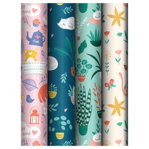 Упаковочная бумага глянц. 70*100см, MESHU /Cozy home/, 80 г/м2, ассорти, 4 дизайна (г.1)