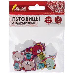 Пуговицы декоративные МИШКИ, дерево, 30*20мм, 16шт., ассорти, ОСТРОВ СОКРОВИЩ, 661417