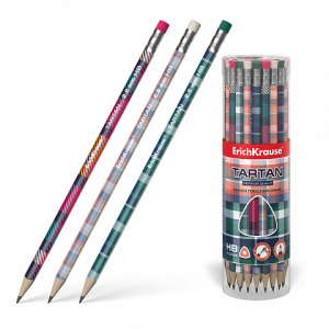 Чернографитный трехгранный карандаш с ластиком ErichKrause® Tartan HB (в тубусе по 42 шт.)