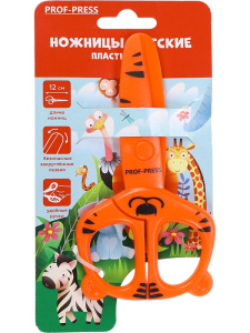 Ножницы детские  12 см. ТИГРУЛЯ (НЖ-4259), пластик. лезвия, фигурные кольца,в карт. блист, кратно 12