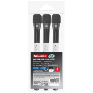 Маркеры на магните со стирателем для белой доски и планера, 3 шт., черные, BRAUBERG POP-ART, 1-2 мм,