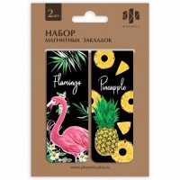 Закладки магнитные д/книг (2 шт) арт.49917/100 АНАНАСЫ И ФЛАМИНГО (30x160мм, мелов. бумага на ферроа