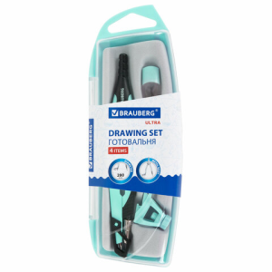 Готовальня BRAUBERG ULTRA, 4 предмета: циркуль 135 мм, запасной грифель, насадка, мятный цвет, 21082