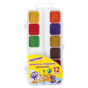 Краски акварельные ЮНЛАНДИЯ /ШКОЛЬНЫЕ/, медовые, 12 цветов, КЛАССИЧЕСКИЕ, пластик, 191529