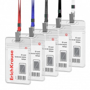 Бейдж вертикальный в комплекте с лентой ErichKrause размер вставки  62х91 мм, прозрачный, цвет ленты